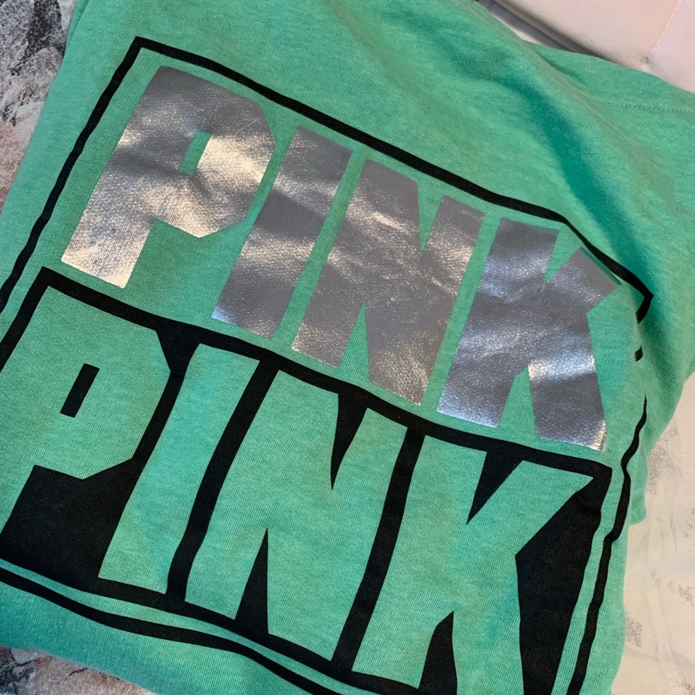 NWOT VS PINK S Green Zip Hoodie Shiny Silver Logo